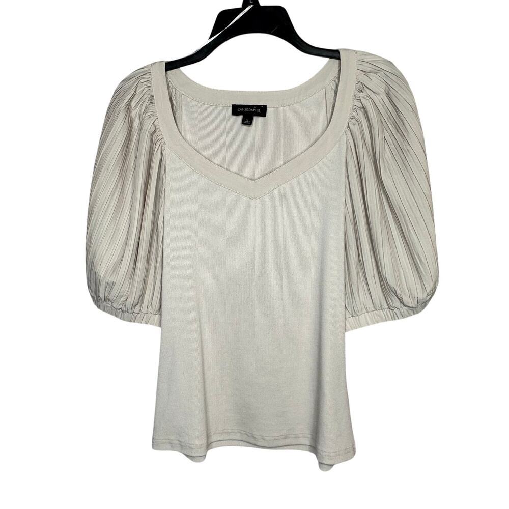 Calligraphie Quiet Luxury Sweetheart Neckline Puff Sleeve Stretchy Rib Top Large